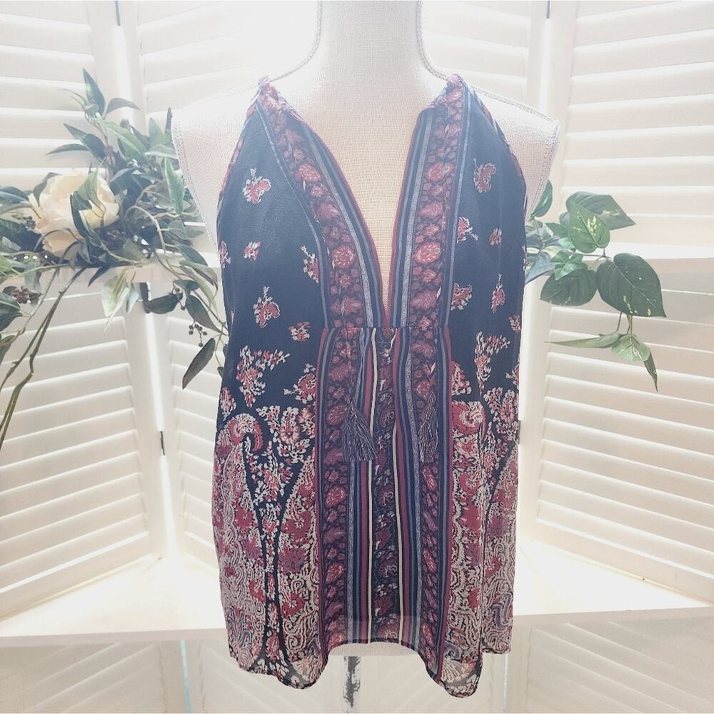 JOIE V NECK FLORAL W TASSELS BLACK/RED SIZE XS